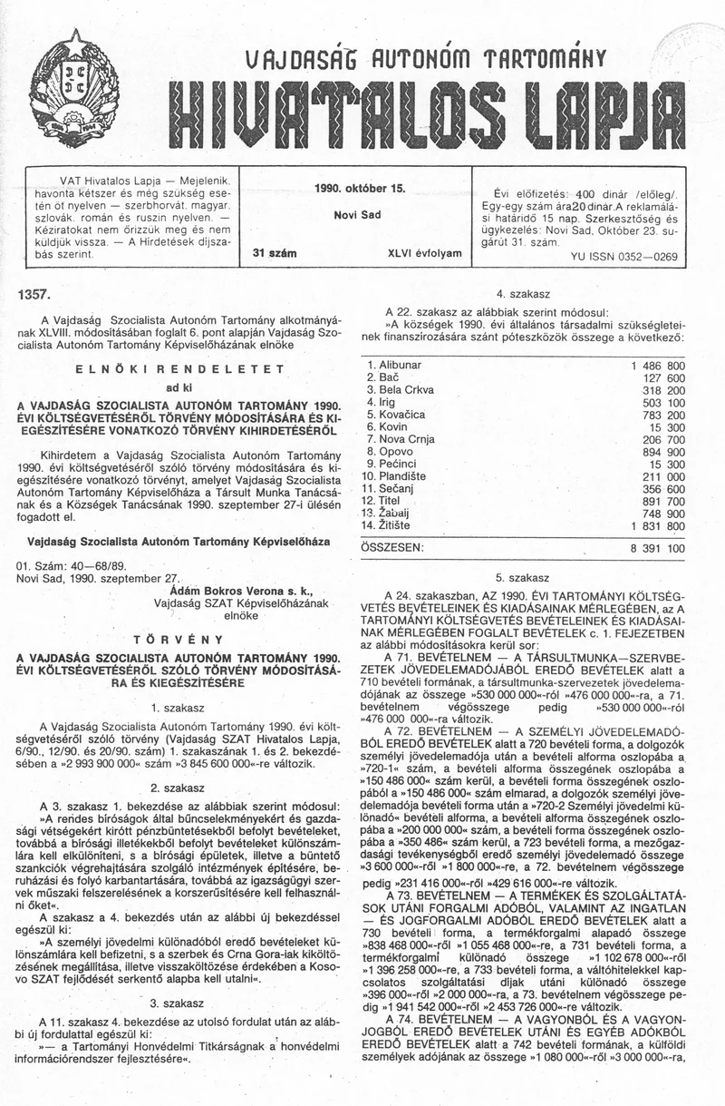 Vajdaság Szocialista Autonóm Tartomány Hivatalos Lapja, 46. évf. 1990. október 15. 31. sz.