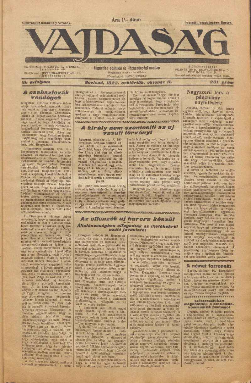 Vajdaság, 3. évf. 1923. október 11. 231. sz.