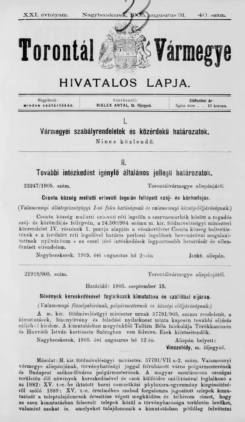 Torontál Vármegye Hivatalos Lapja, 21. évf. 1905. augusztus 31. 40. sz.