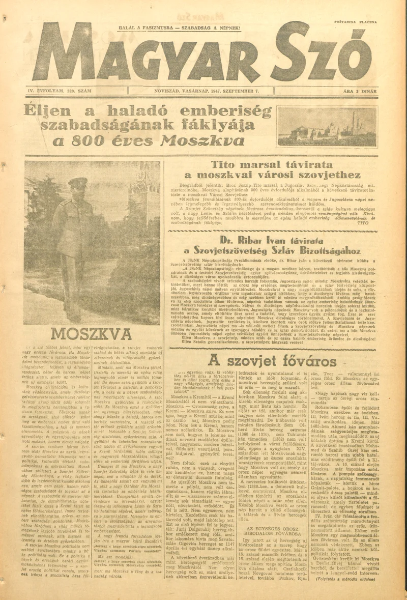 Magyar Szó, 4. évf. 1947. szeptember 7. 220. sz. 1–8. oldal