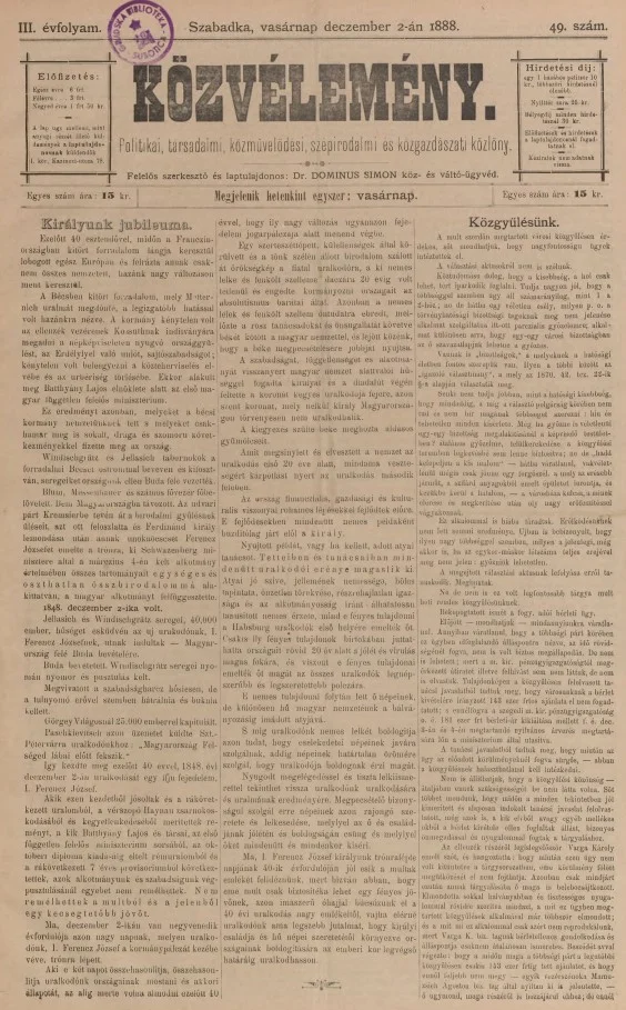 Közvélemény, 3. évf. 1888. december 2. 49. sz.