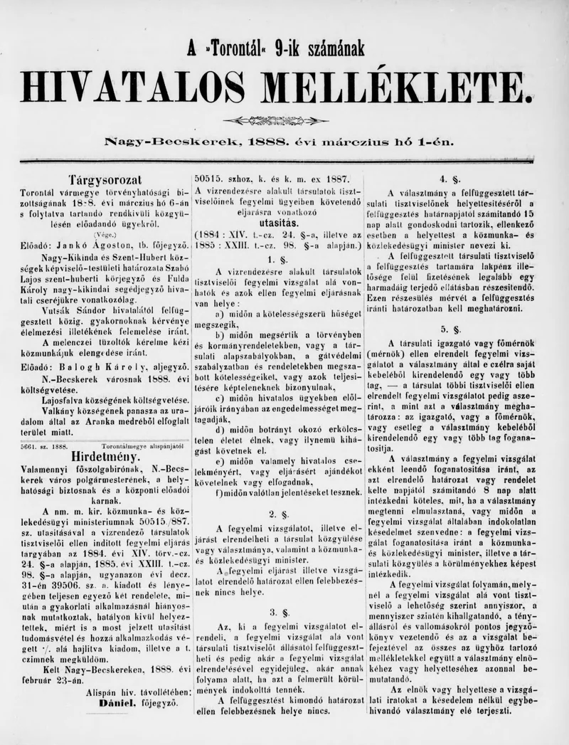 A Totontál  hivatalos melléklete, 1. évf. 1888. március 1. 9. sz.
