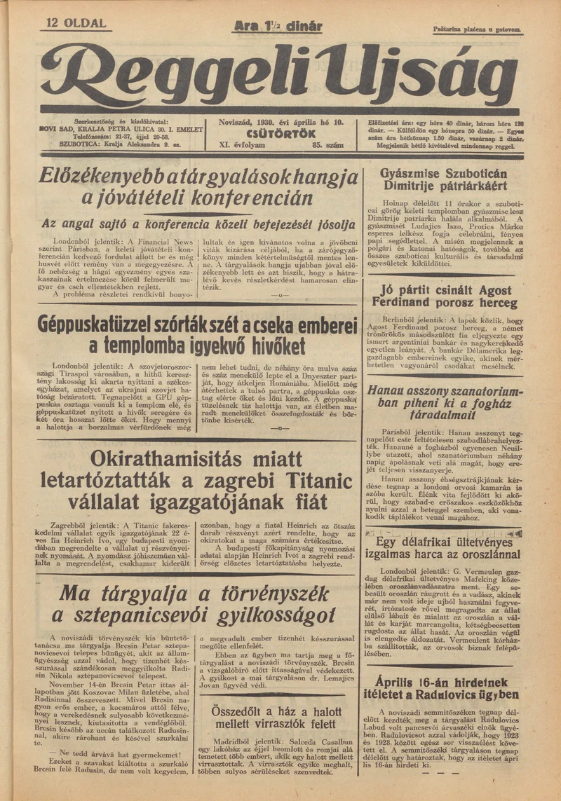 Reggeli Újság, 11. évf. 1930. április 10. 85. sz.
