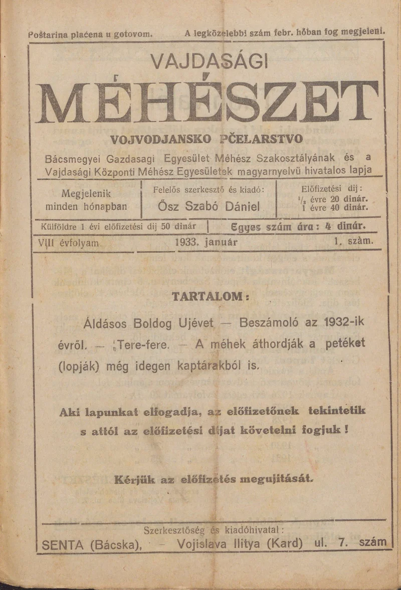 Vajdasági méhészet, 8. évf. 1933. január 1. 1. sz.