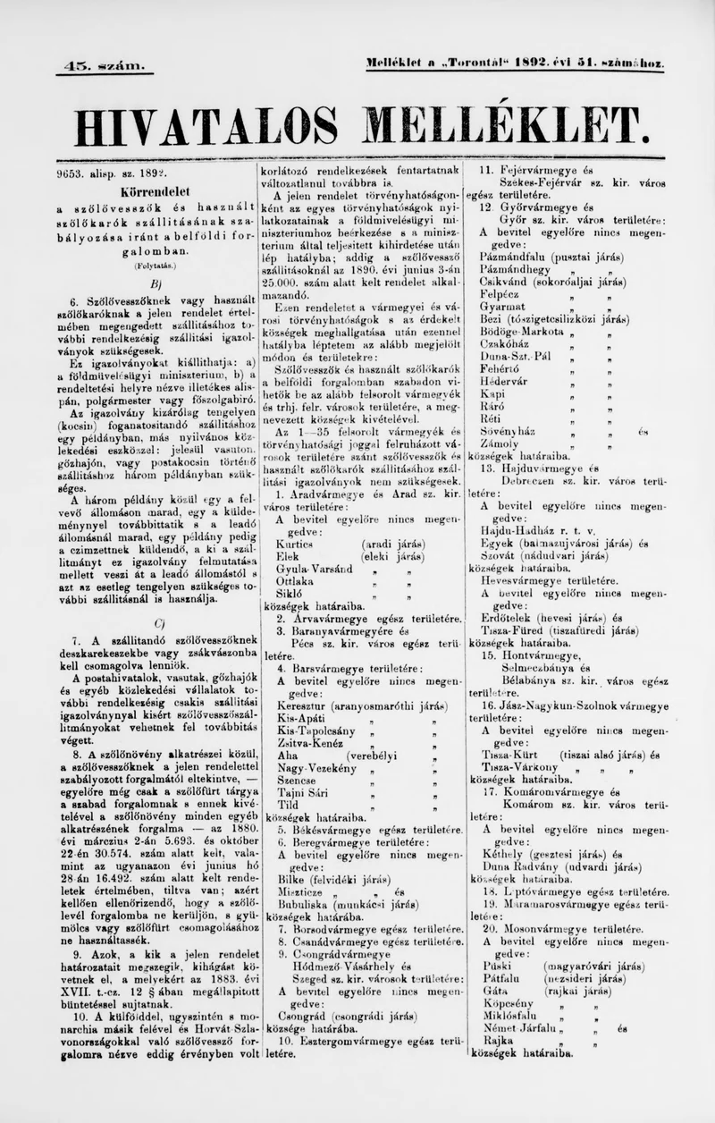 A Totontál  hivatalos melléklete, 5. évf. 1892. március 26. 45. sz.