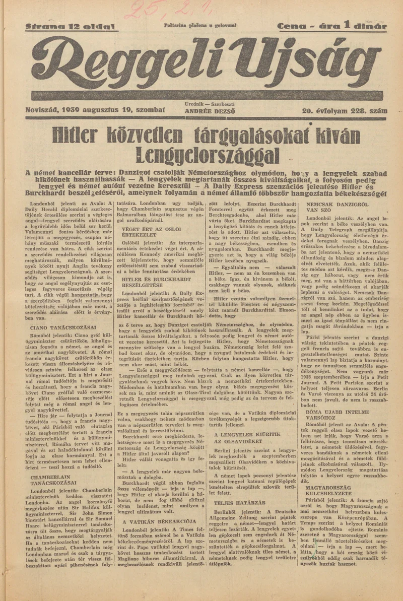 Reggeli Újság, 20. évf. 1939. augusztus 19. 228. sz.