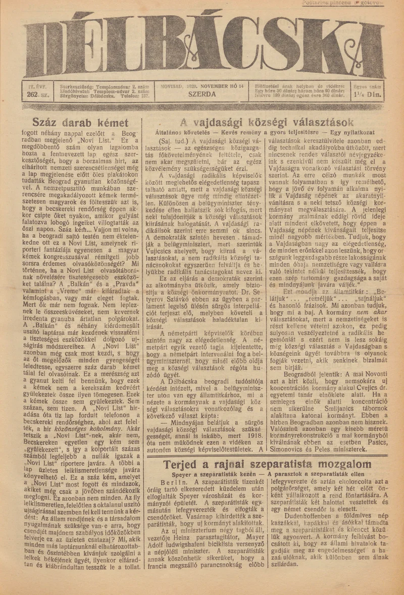 Délbácska, 4. évf. 1923. november 14. 262. sz.