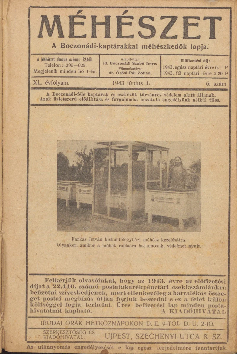 Méhészet, 40. évf. 1943. június 1. 6. sz.