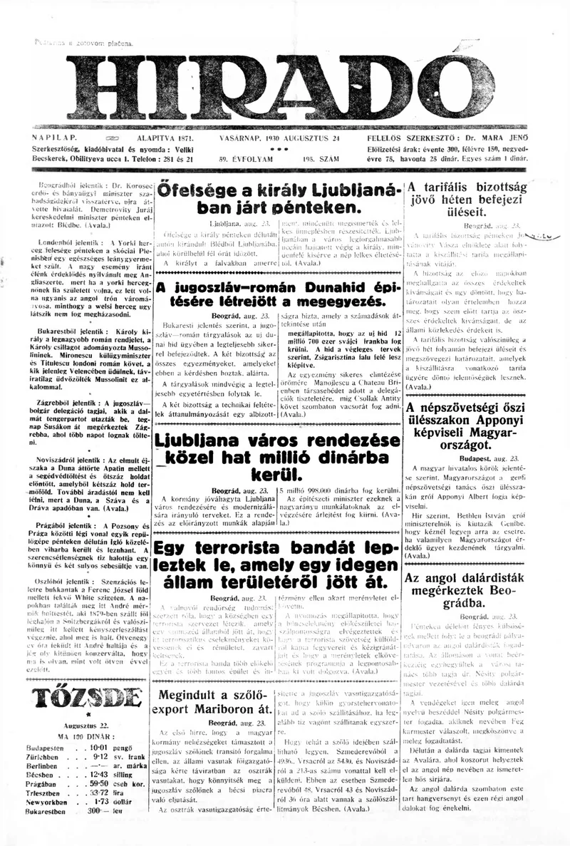 Híradó, 59. évf. 1930. augusztus 24. 195. sz.