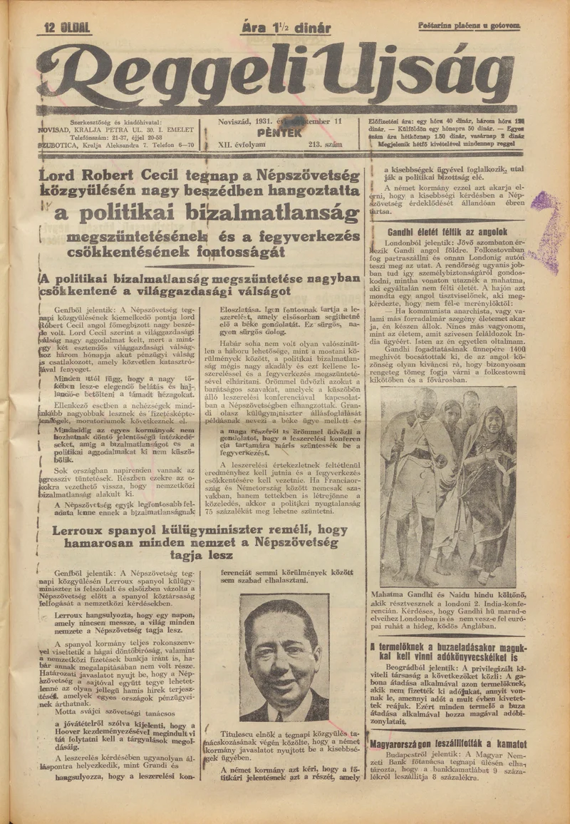 Reggeli Újság, 12. évf. 1931. szeptember 11. 213. sz.