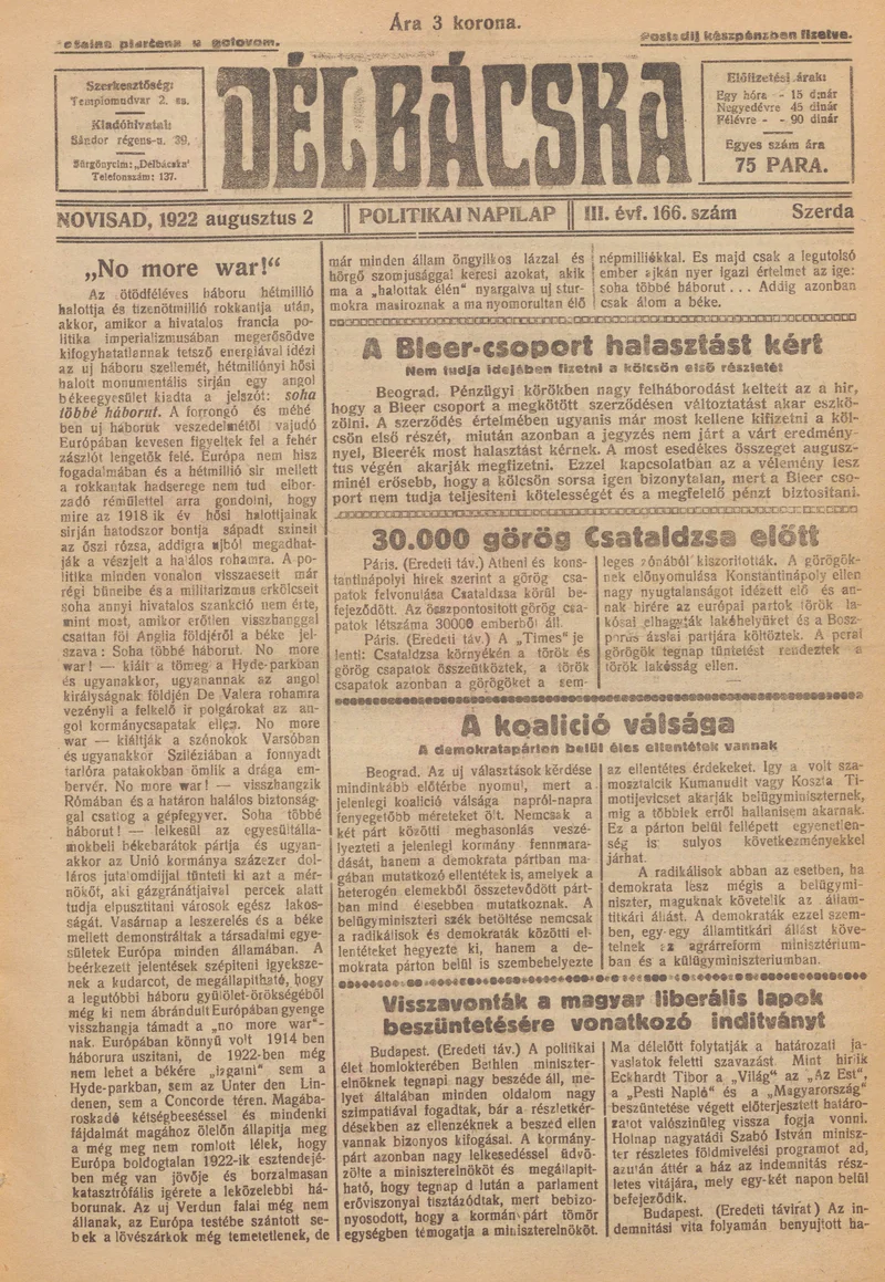 Délbácska, 3. évf. 1922. augusztus 2. 166. sz.