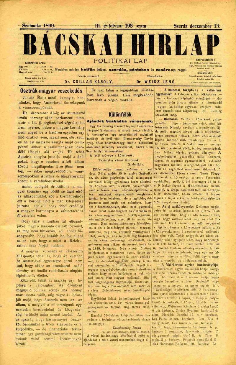 Bácskai Hirlap, 3. évf. 1899. december 13. 193. sz.