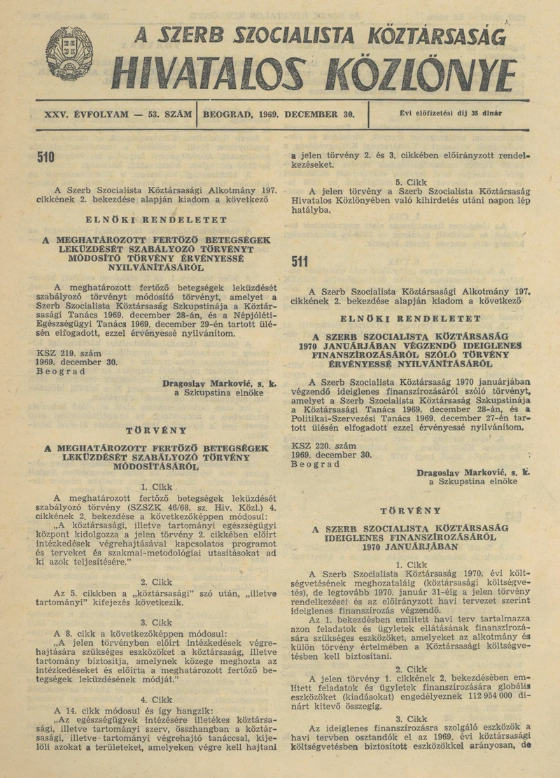 A Szerb Szocialista Köztársaság Hivatalos Közlönye, 25. évf. 1969. december 30. 53. sz. 1265–1280. oldal