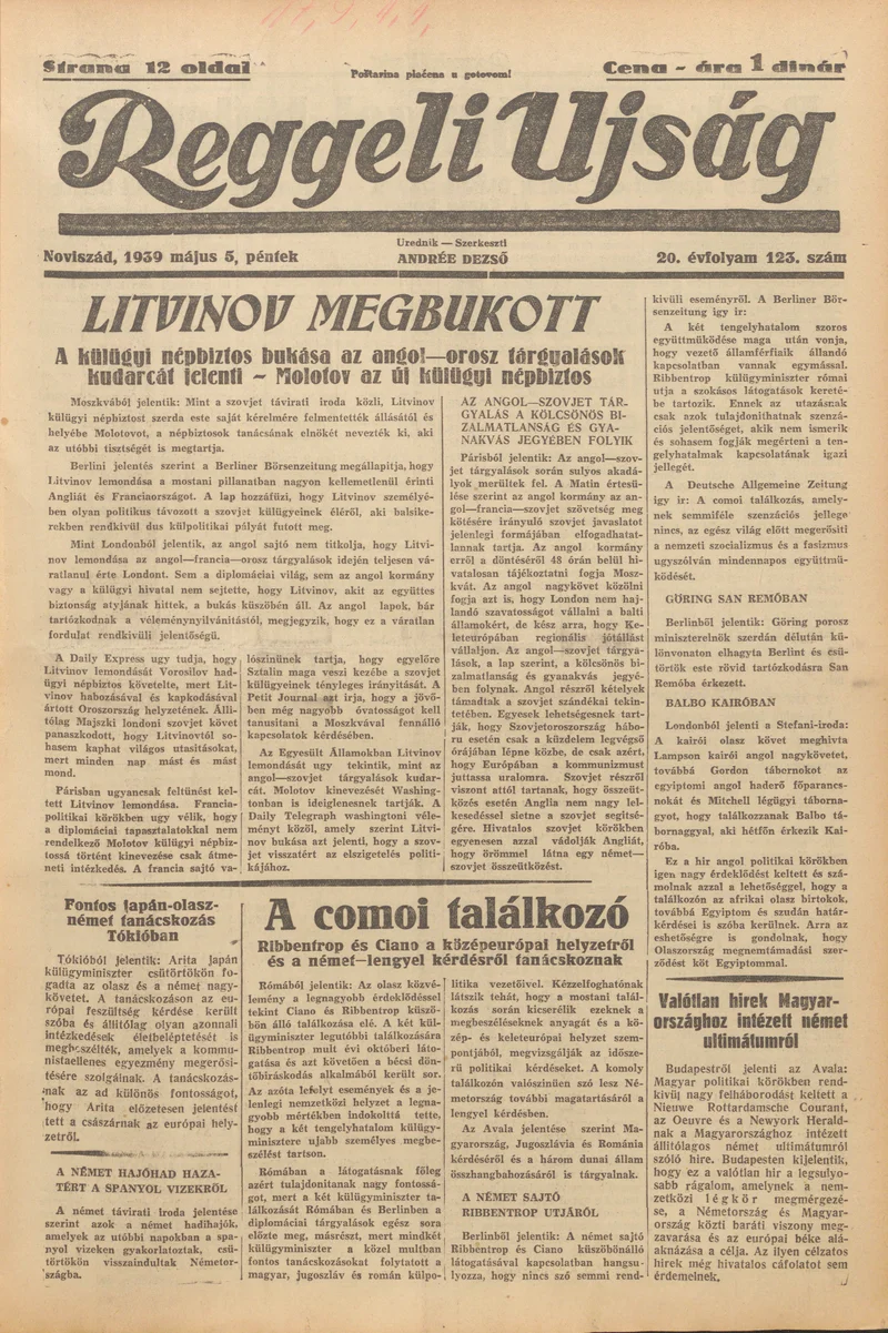 Reggeli Újság, 20. évf. 1939. május 5. 123. sz.
