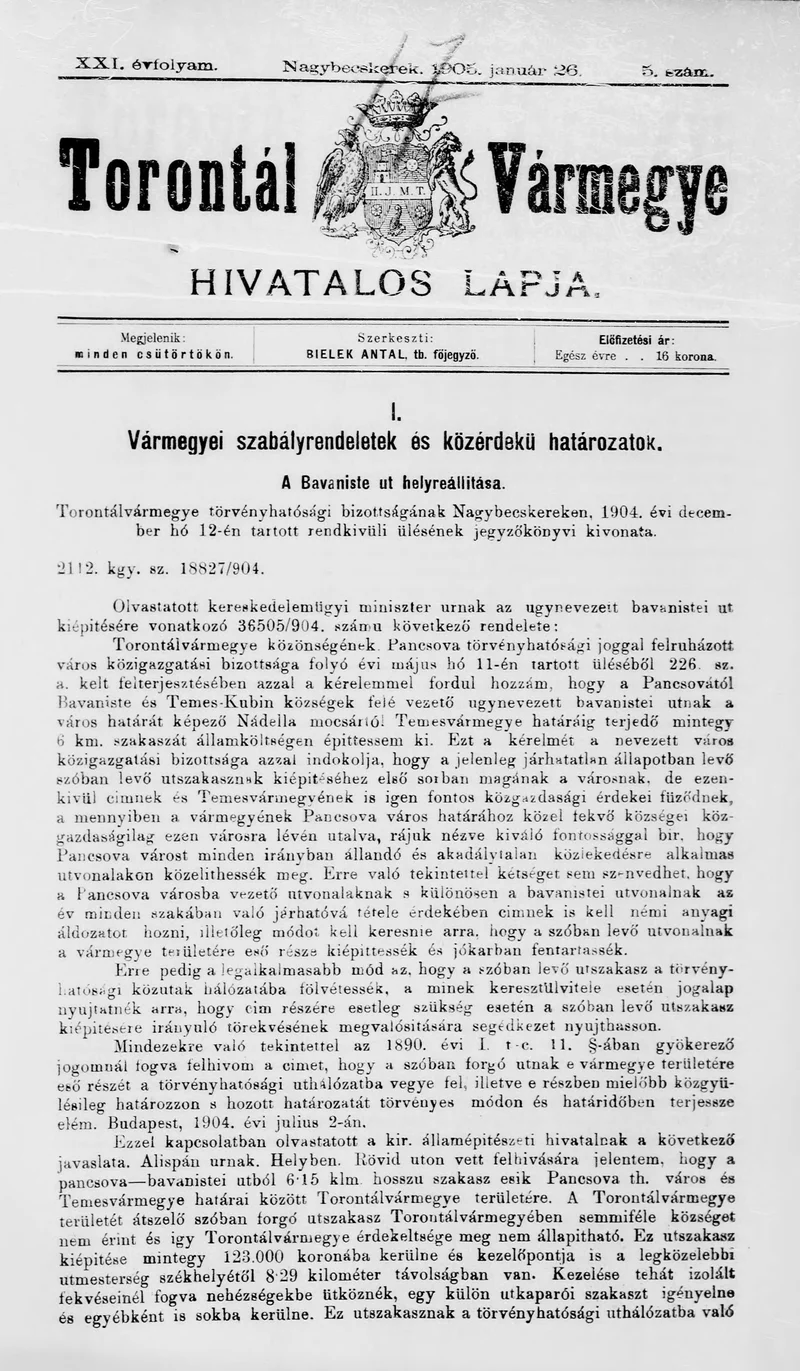 Torontál Vármegye Hivatalos Lapja, 21. évf. 1905. január 26. 5. sz.