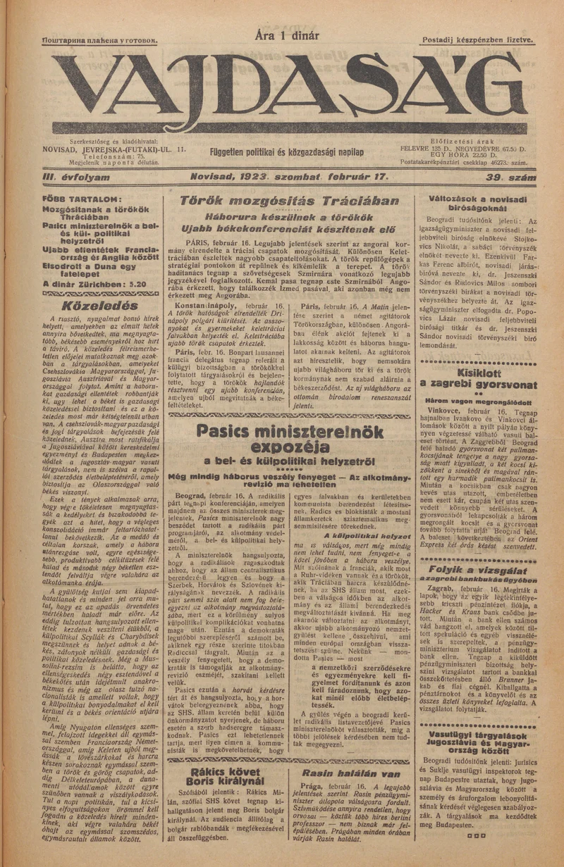 Vajdaság, 3. évf. 1923. február 17. 39. sz.