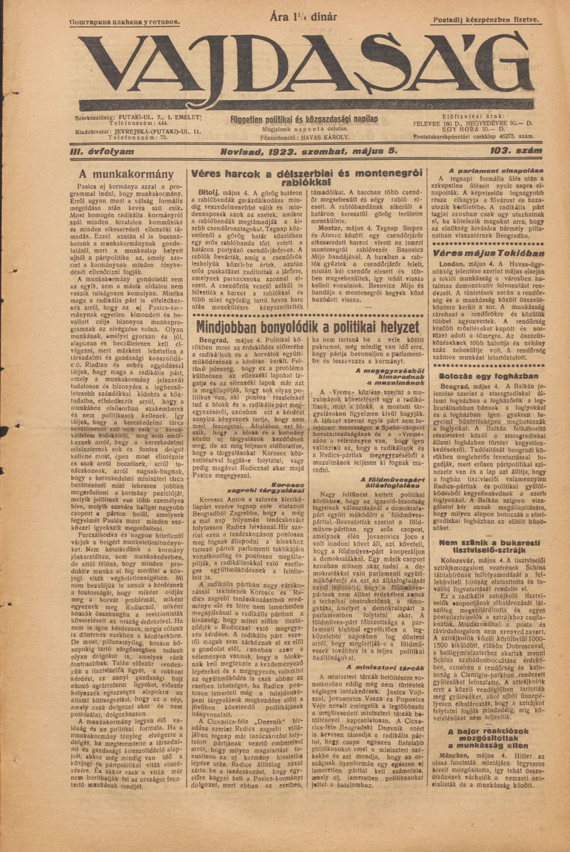 Vajdaság, 3. évf. 1923. május 5. 103. sz.