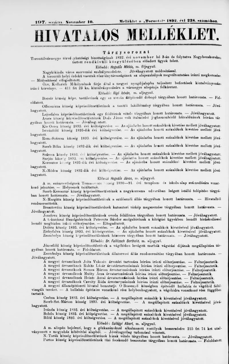A Totontál  hivatalos melléklete, 5. évf. 1892. november 10. 197. sz.