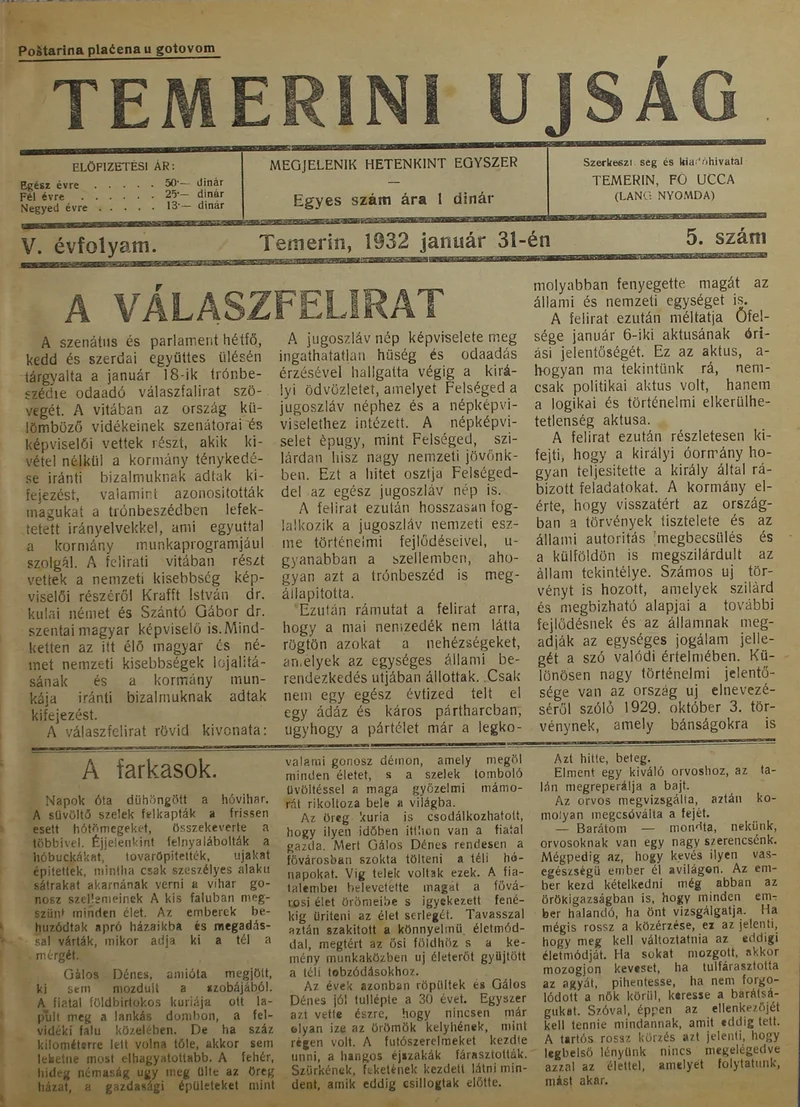 Temerini Újság 1928-1944, 5. évf. 1932. január 31. 5. sz.