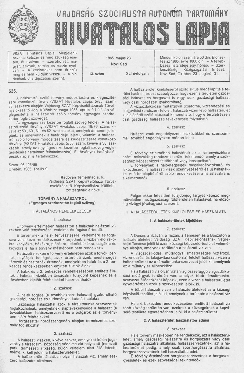 Vajdaság Szocialista Autonóm Tartomány Hivatalos Lapja, 41. évf. 1985. május 23. 13. sz.