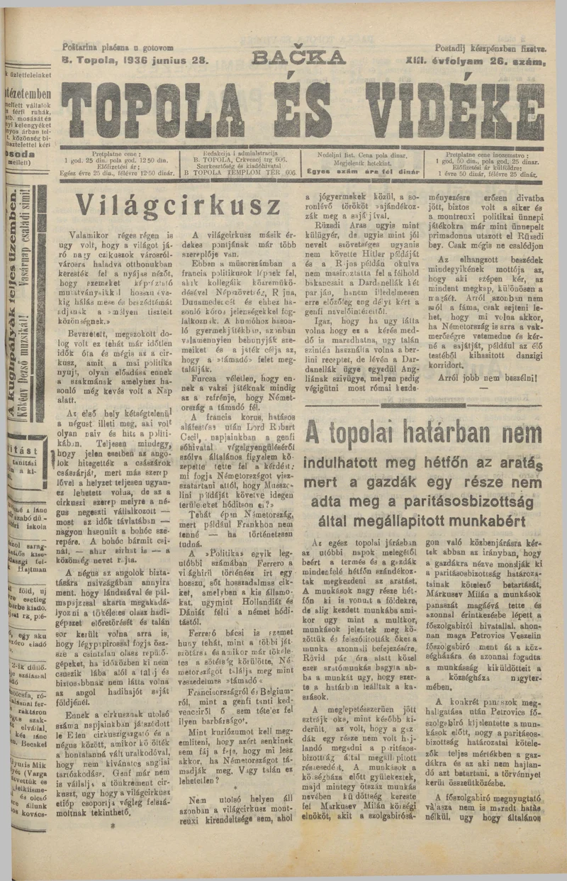 Bačka Topola és Vidéke, 13. évf. 1936. június 28. 26. sz.