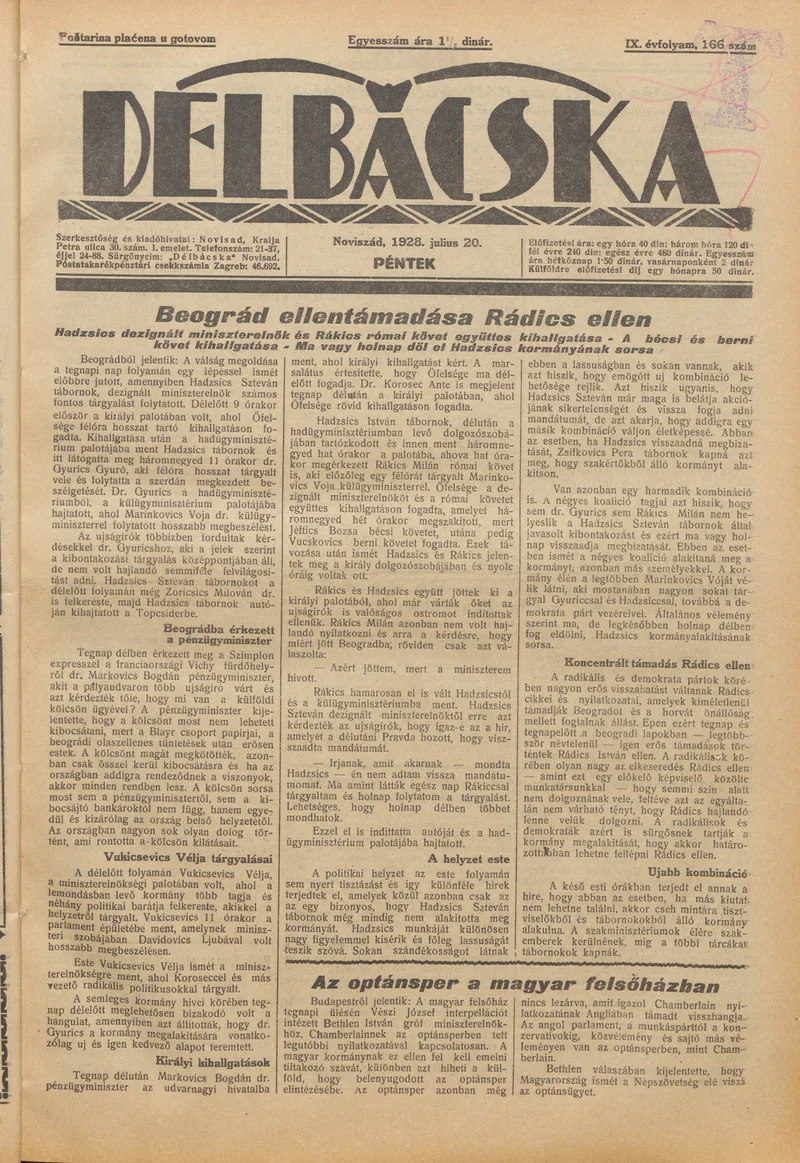 Délbácska, 9. évf. 1928. július 20. 166. sz.