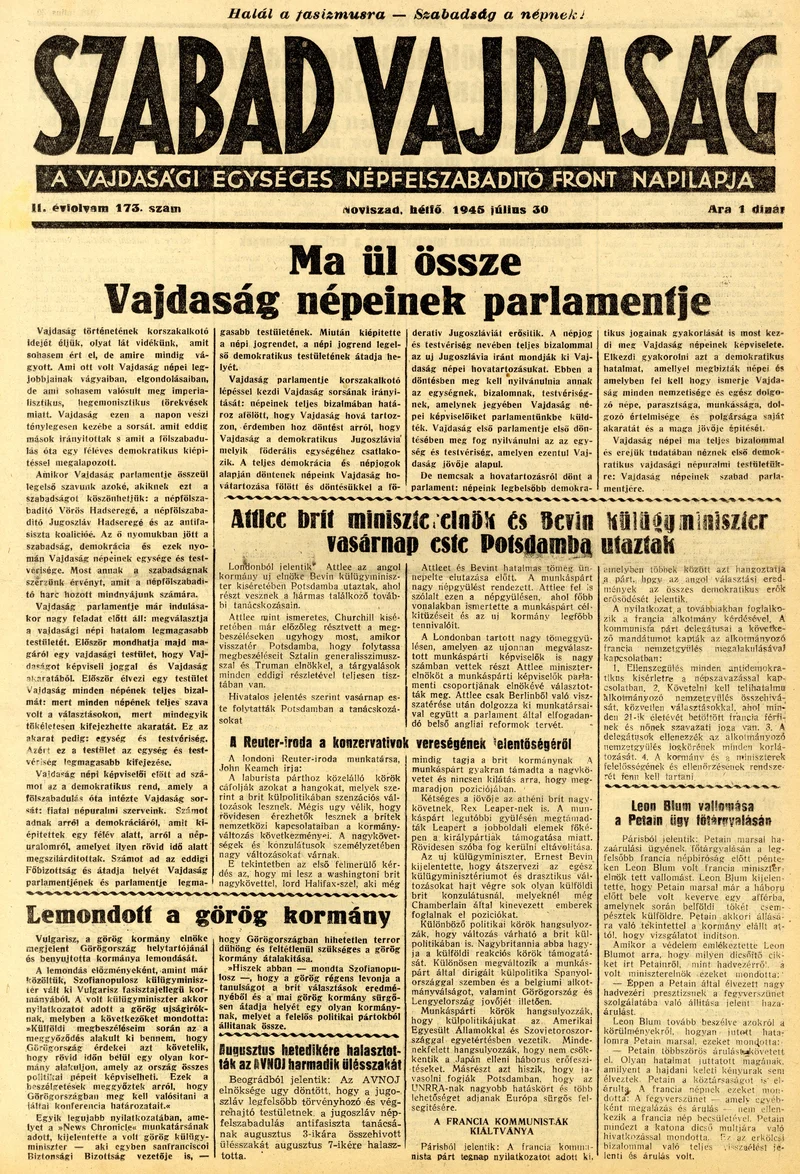 Szabad Vajdaság, 2. évf. 1945. július 30. 173. sz.