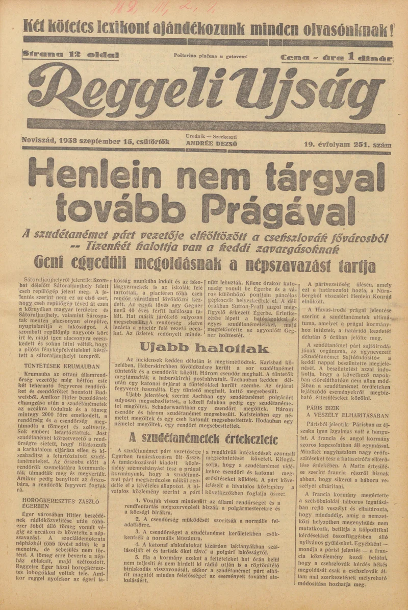 Reggeli Újság, 19. évf. 1938. szeptember 15. 251. sz.