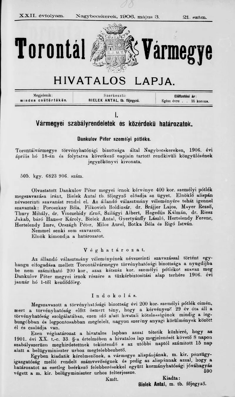 Torontál Vármegye Hivatalos Lapja, 22. évf. 1906. május 3. 21. sz.