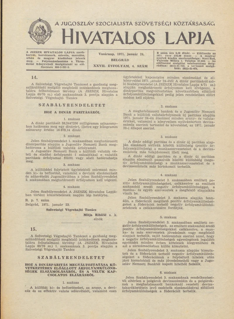 A Jugoszláv Szocialista Szövetségi Köztársaság Hivatalos Lapja, 27. évf. 1971. január 24. 4. sz. 53–56. oldal