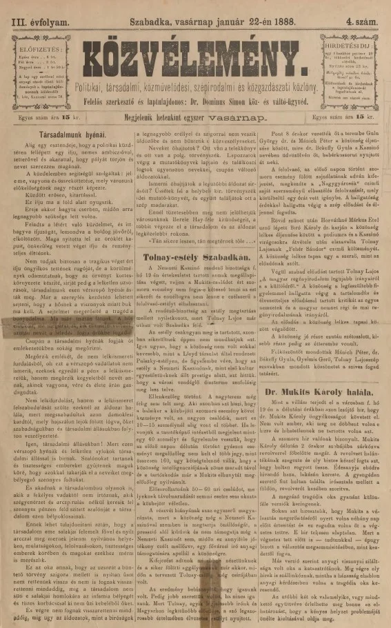 Közvélemény, 3. évf. 1888. január 22. 4. sz.