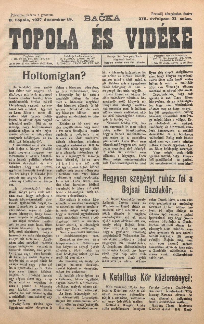 Bačka Topola és Vidéke, 14. évf. 1937. december 19. 51. sz.