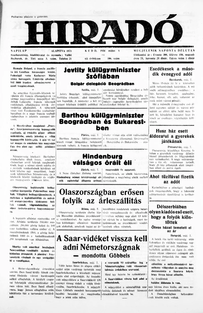 Híradó, 63. évf. 1934. május 8. 106. sz.