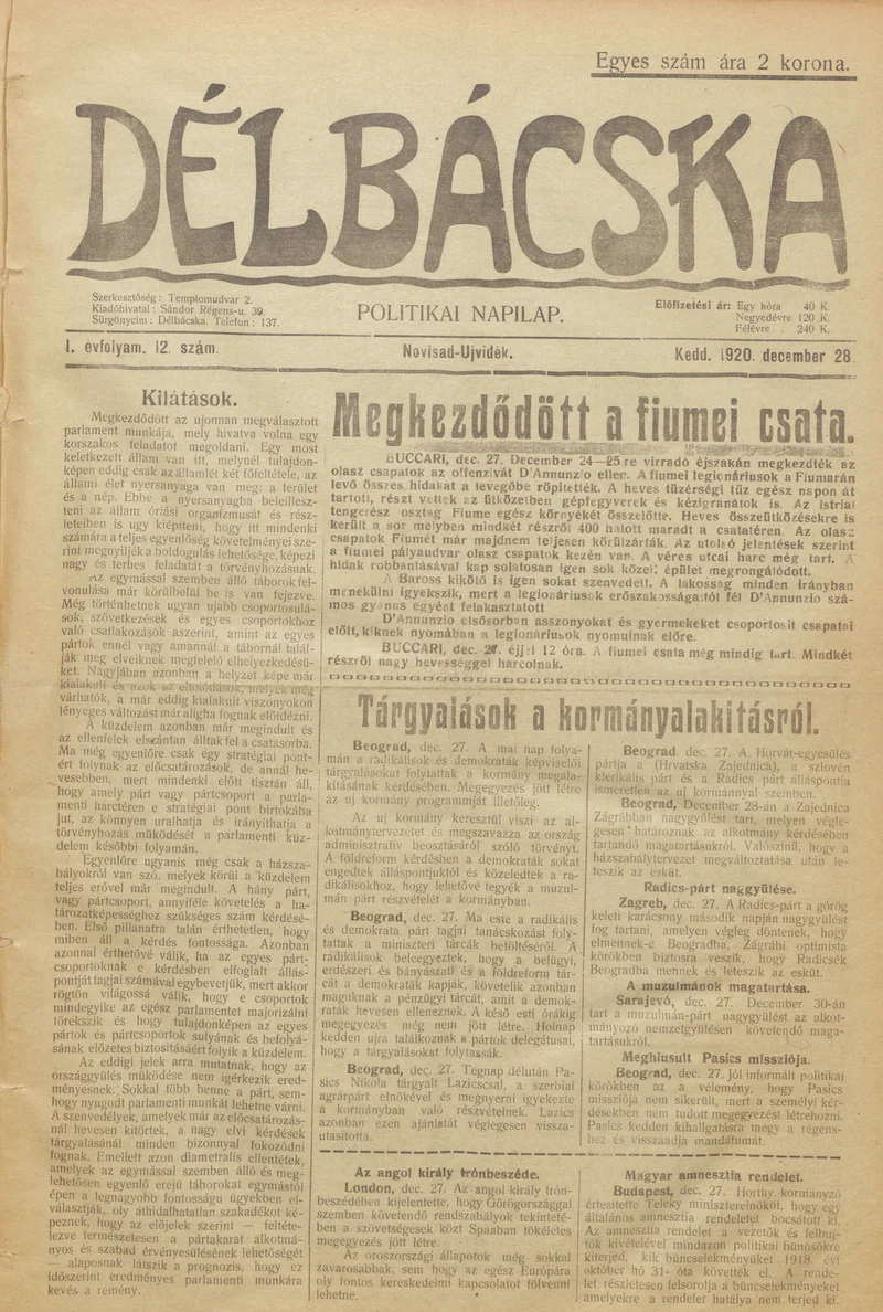 Délbácska, 1. évf. 1920. december 28. 12. sz.