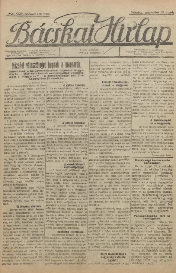 Bácskai Hirlap, 24. évf. 1920. szeptember 29. 160. sz.