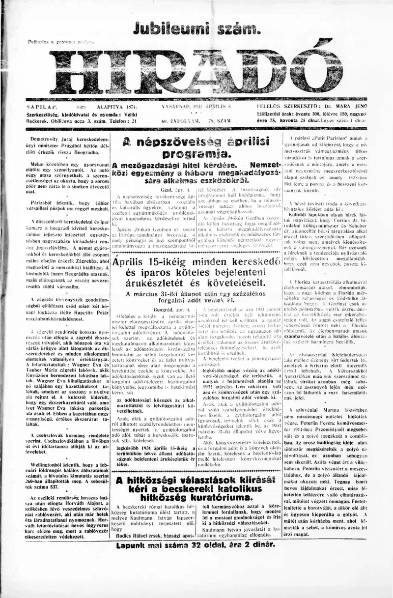 Híradó, 60. évf. 1931. április 5. 79. sz.