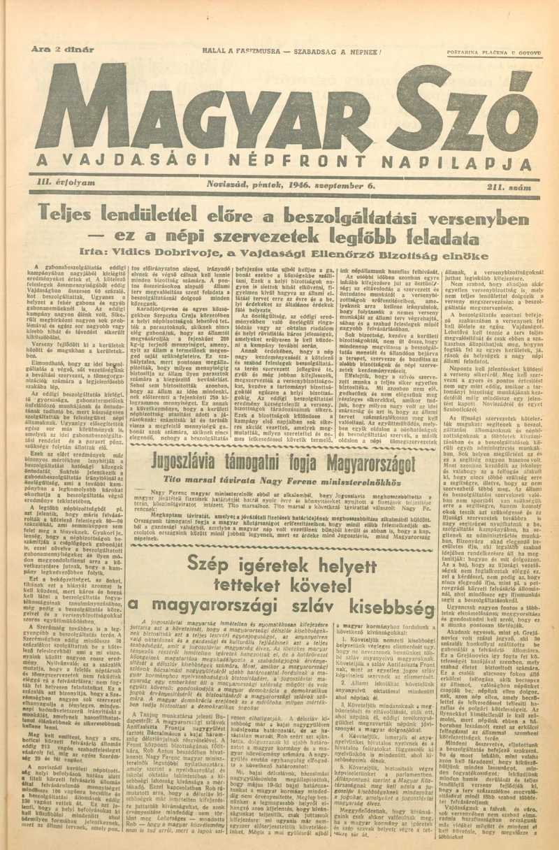 Magyar Szó, 3. évf. 1946. szeptember 6. 211. sz. 1–6. oldal