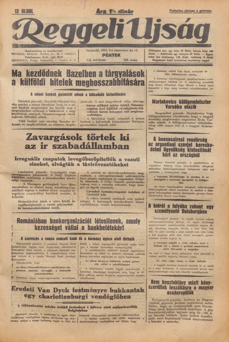 Reggeli Újság, 12. évf. 1931. augusztus 14. 188. sz.