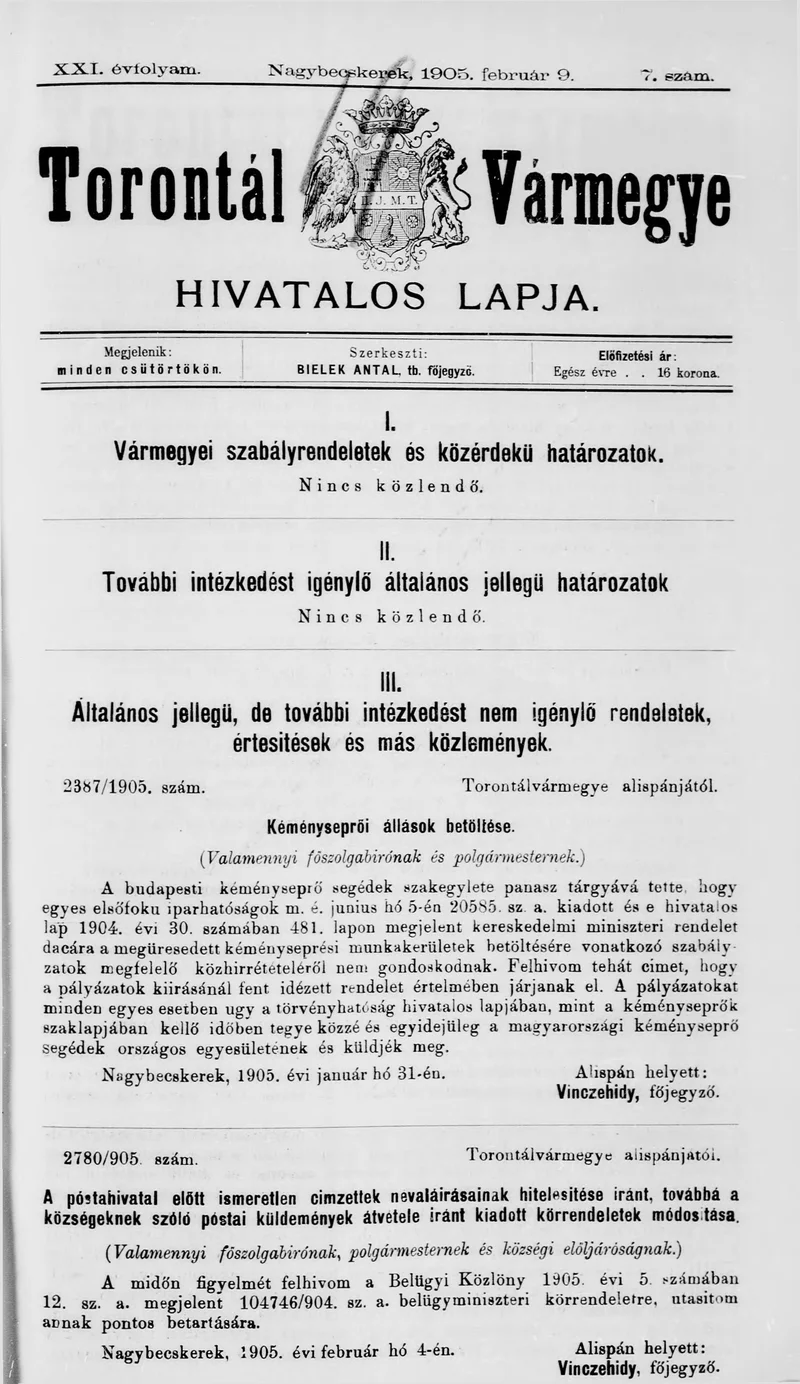 Torontál Vármegye Hivatalos Lapja, 21. évf. 1905. február 9. 7. sz.