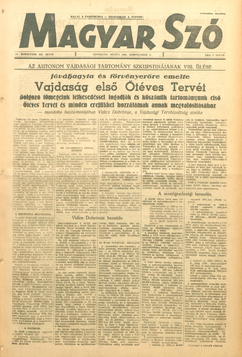 Magyar Szó, 4. évf. 1947. szeptember 8. 221. sz. 1–6. oldal