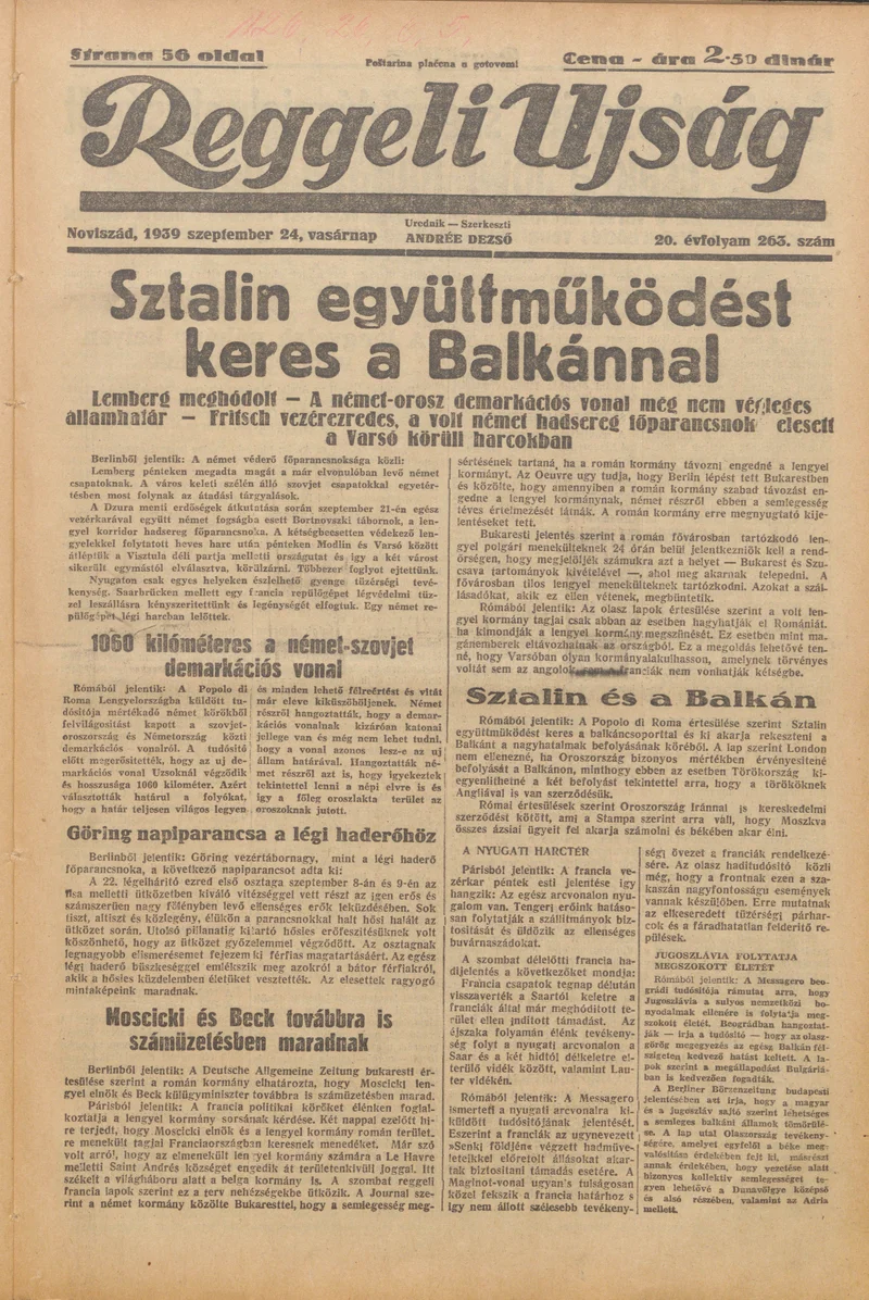 Reggeli Újság, 20. évf. 1939. szeptember 24. 263. sz.