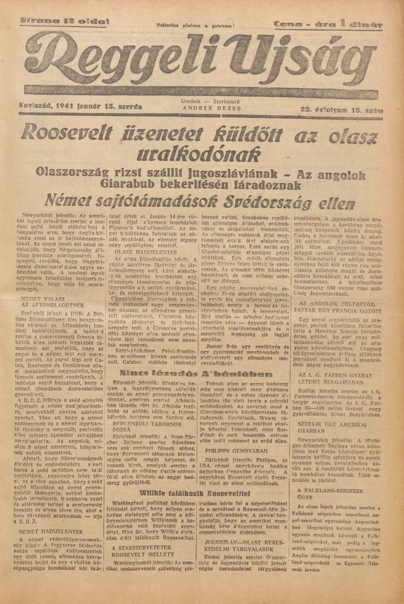 Reggeli Újság, 22. évf. 1941. január 15. 15. sz.