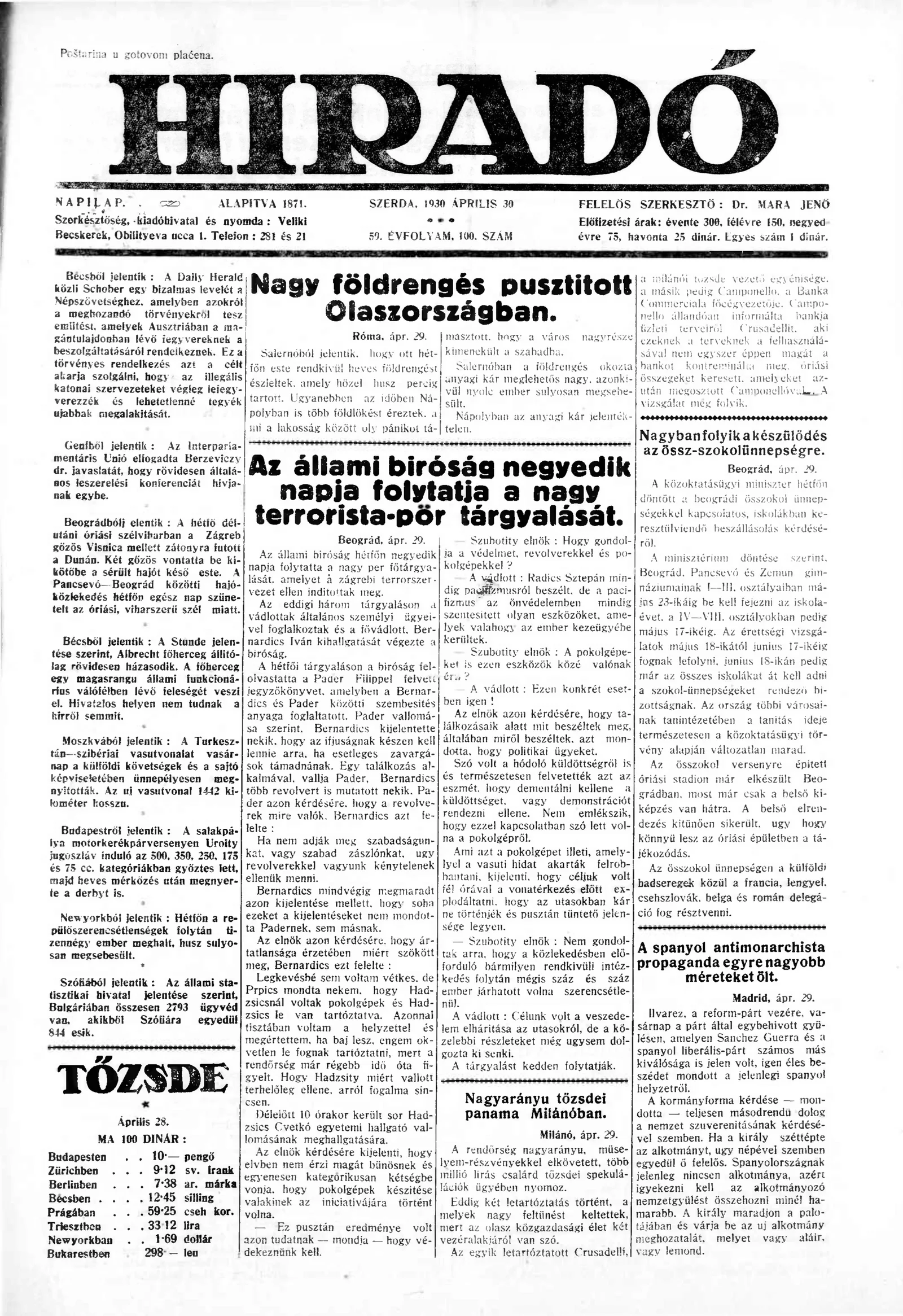 Híradó, 59. évf. 1930. április 30. 100. sz.