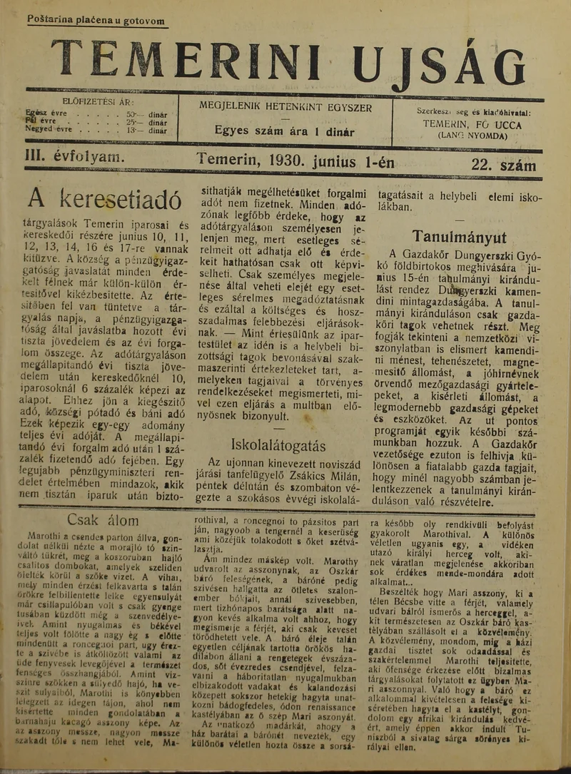 Temerini Újság 1928-1944, 3. évf. 1930. június 1. 22. sz.