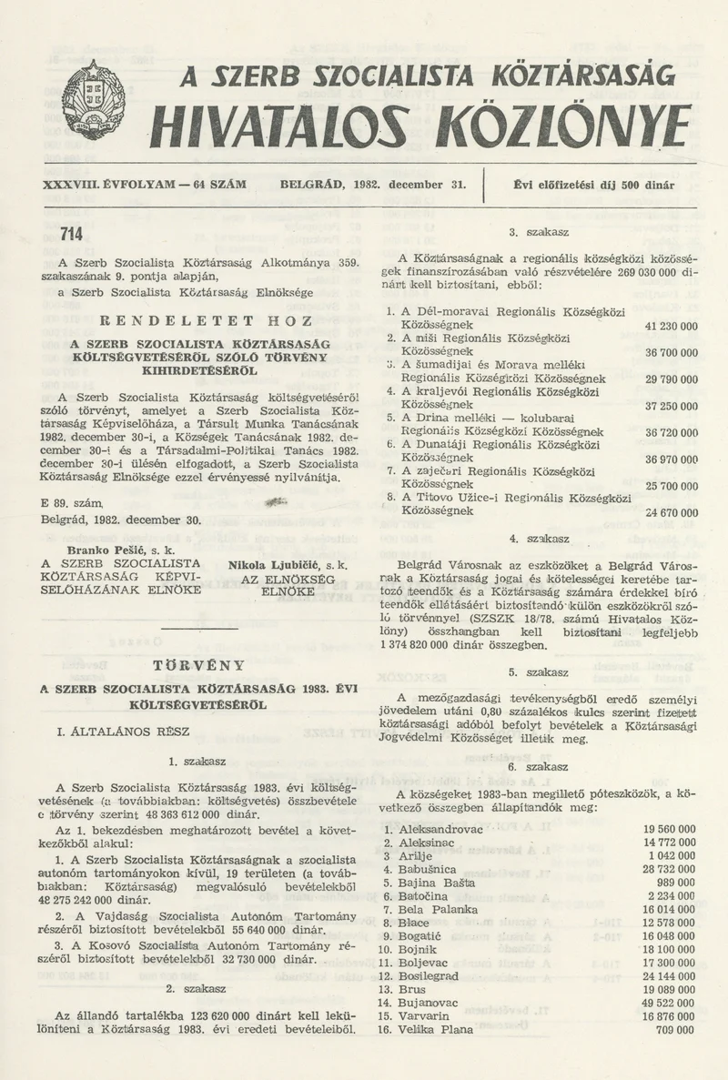 A Szerb Szocialista Köztársaság Hivatalos Közlönye, 38. évf. 1982. december 31. 64. sz.