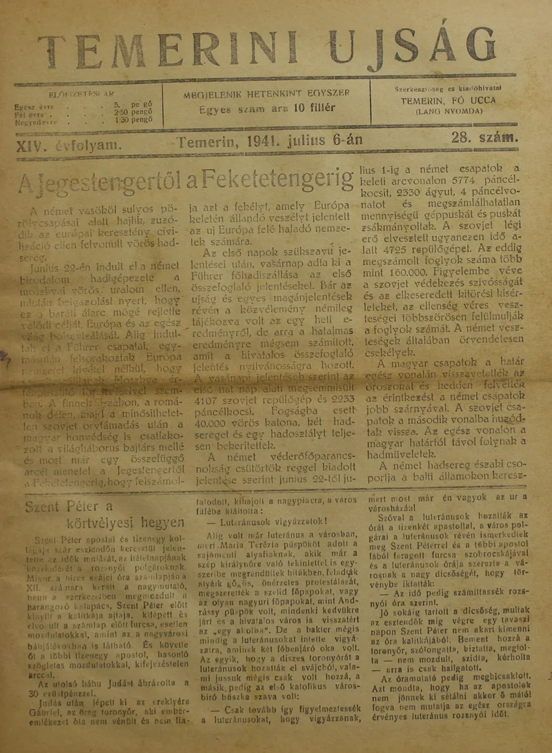 Temerini Újság 1928-1944, 14. évf. 1941. július 6. 28. sz.