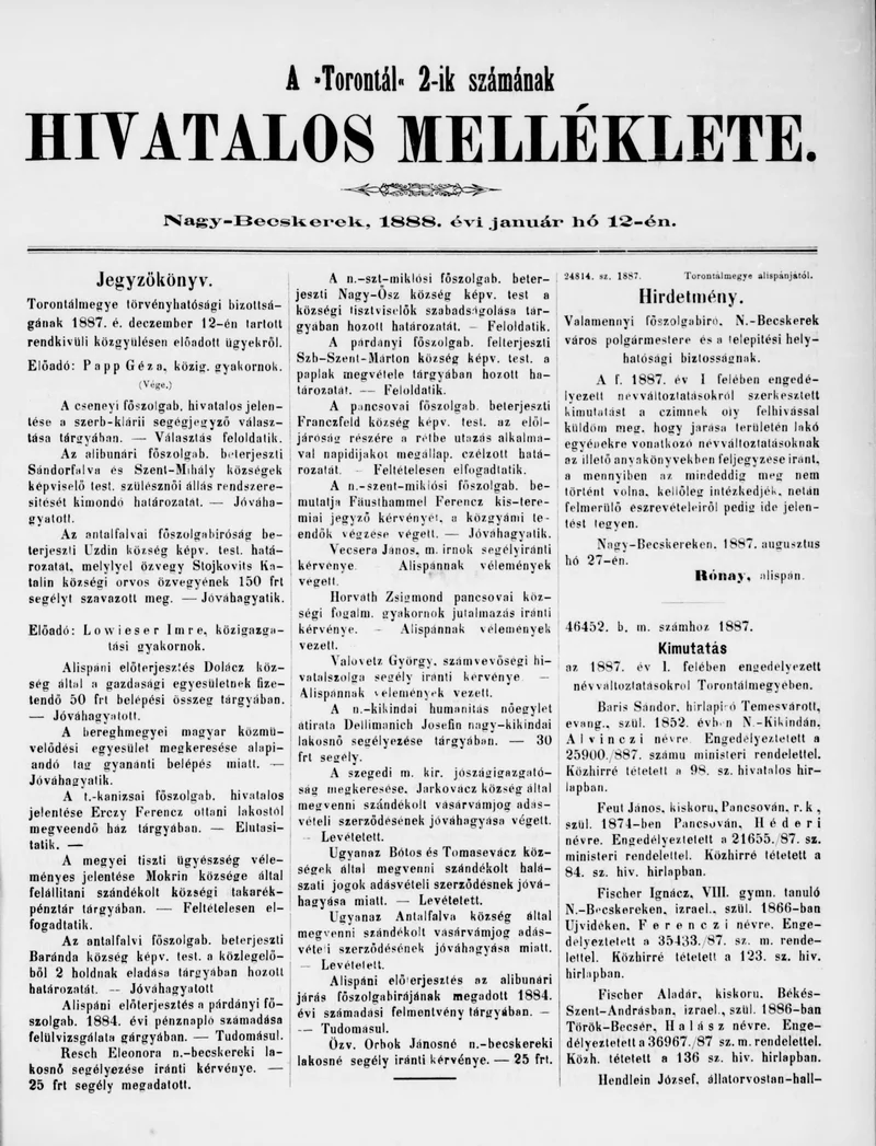 A Totontál  hivatalos melléklete, 1. évf. 1888. január 12. 2. sz.