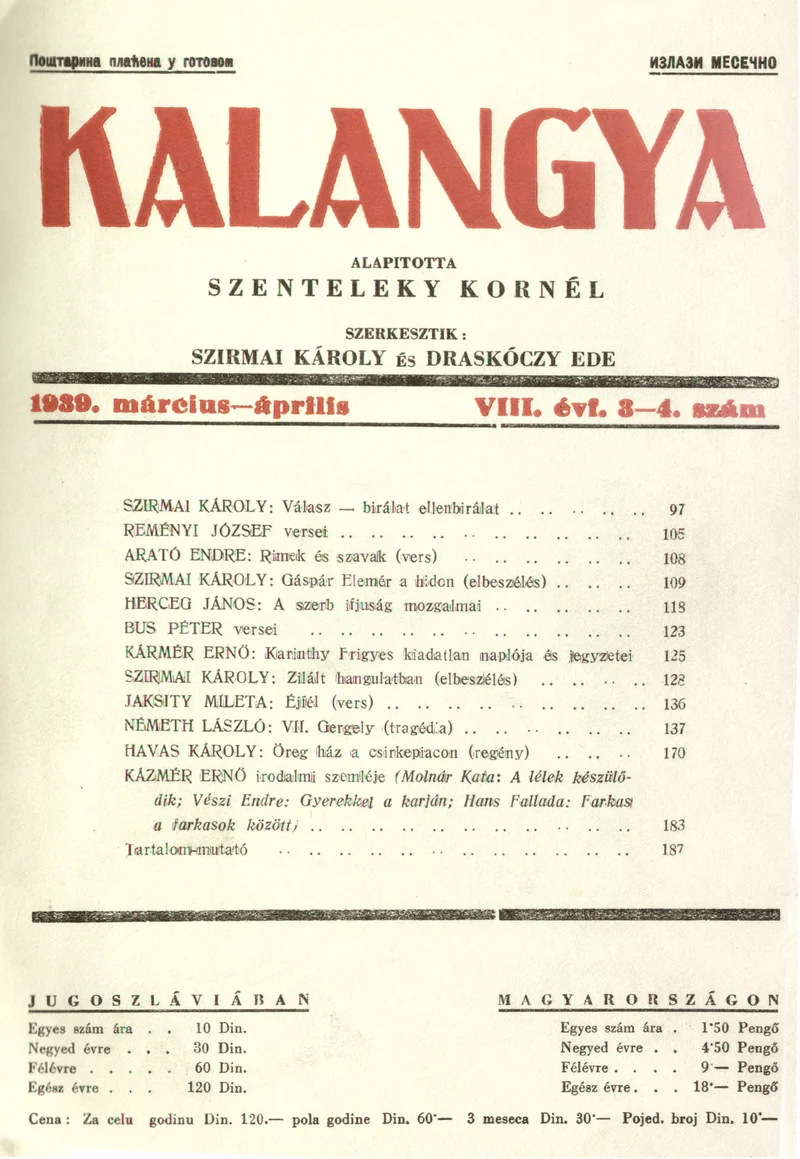 Kalangya, 8. évf. 1939. március – április. 3–4. sz. 97–191. oldal
