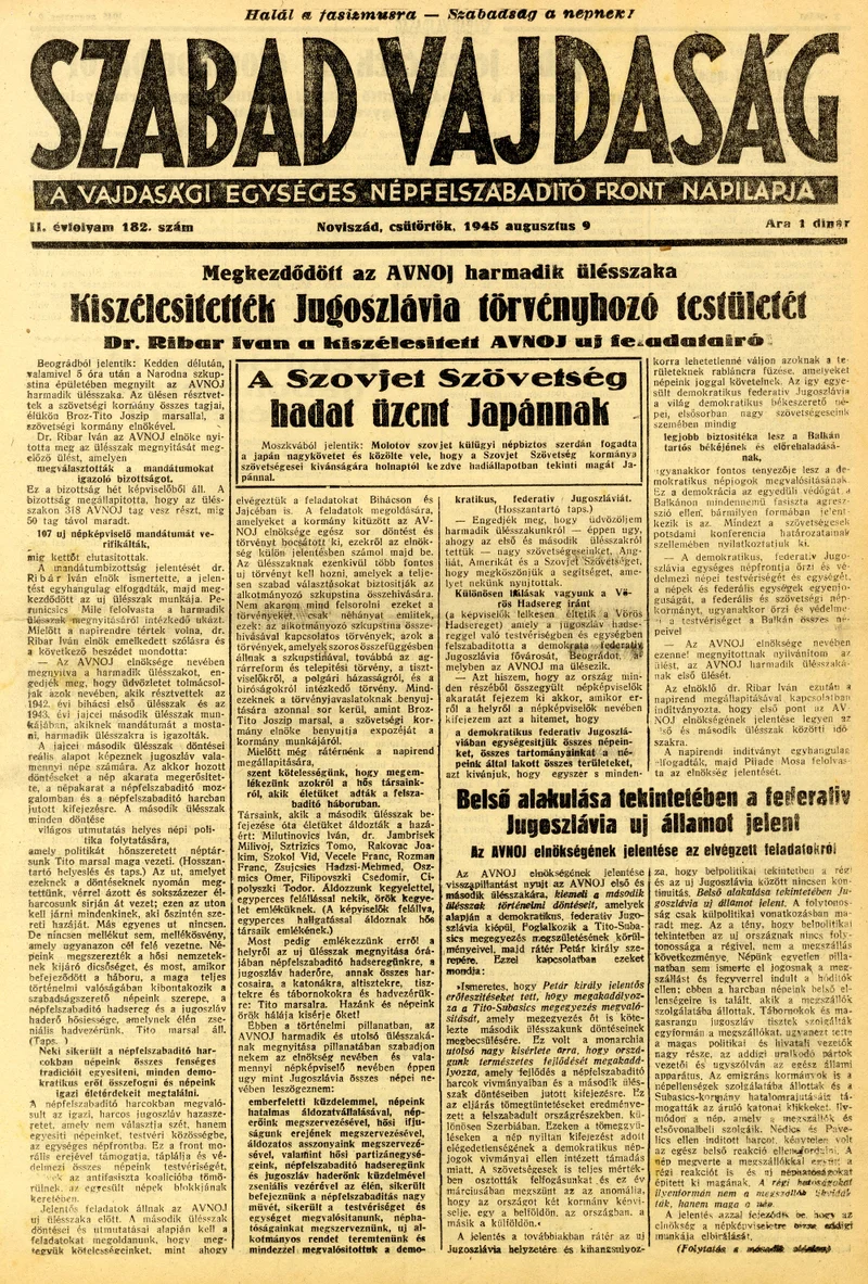 Szabad Vajdaság, 2. évf. 1945. augusztus 9. 182. sz.