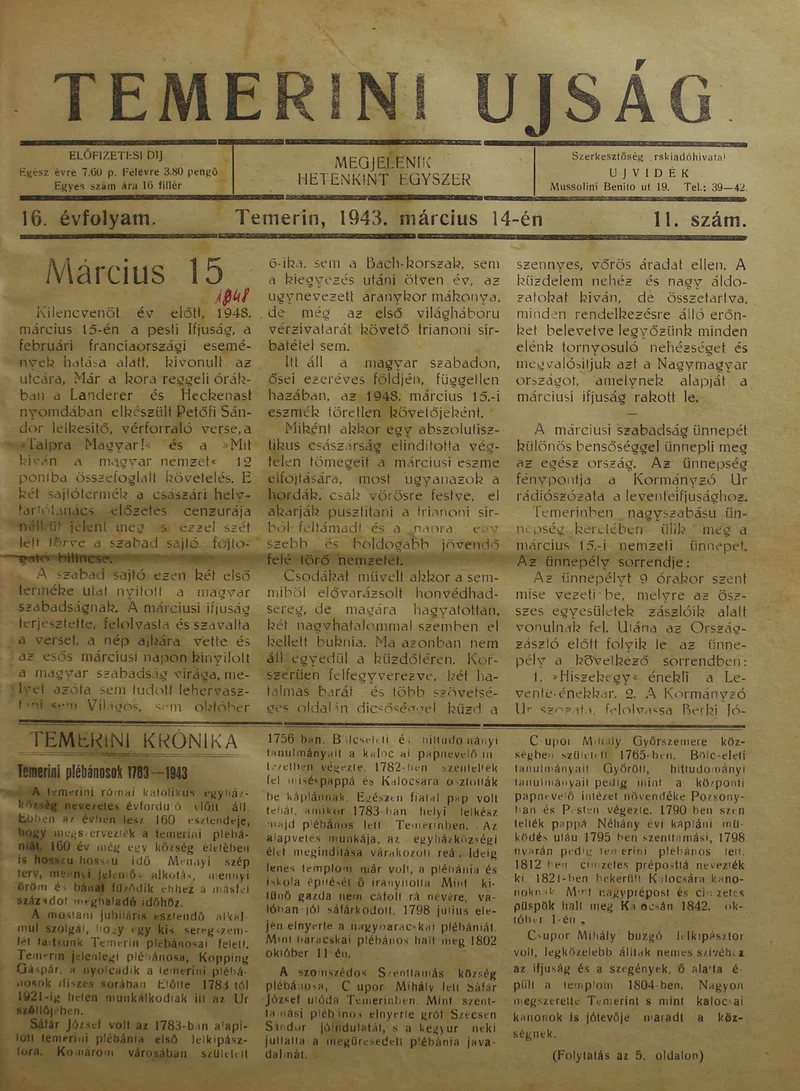 Temerini Újság 1928-1944, 16. évf. 1943. március 14. 11. sz.